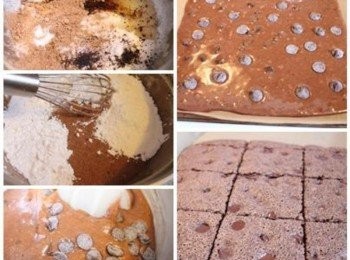 step2: 加入油/糖/咖啡粉/可可粉攪拌均勻. 再將麵粉/鹽巴/小蘇打粉過篩, 拌入巧克力糊中, 最後加入適量的巧克力豆在麵糊中, 攪拌均勻