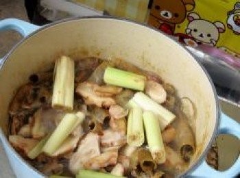 step9: 加入水煮滾後南薑及香茅轉慢火煲10分鐘。