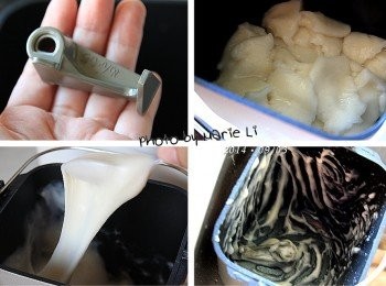 step4: 方法二：(麵包機)

安裝麵包機所附的(麻糬/麵條)葉片
將煮熟的糯米糰撈起來放進麵包機容器中
以 Mode30 (烏龍麵模式)攪打約八分鐘
可看出麻糬的結構就已經很勻稱Q彈了

使用麵包機固然很省力
不過使用完的清洗才是真正費力的時候啊
《手作》或《麵包機》各有利弊
就看個人的喜好做決擇吧！


※ 只要麵包機有單獨揉麵功能都可使用。