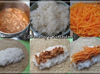 step4: 先把印度薄餅放底，再把飯、豬肉片、甘筍加入後再卷起印度薄餅即成。