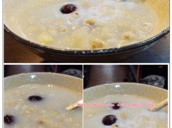 step4: 另外，如果想加入薏仁或小麥仁可以在白木耳熬至1.5小時後將泡過的薏仁或小麥仁加入熬煮,等薏仁小麥仁熟透後再加蓮子繼續煮熟~ 吃得時候可以加點鮮奶更好吃喔!
