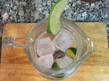 step7: 取一杯子，加入酸梅1-2顆，再加入冰塊和擠過汁的金桔，倒入蜂蜜金桔檸檬汁拌勻即可。冰塊溶化後剛好也稀釋了濃縮汁的濃度。