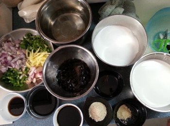 step1: 預備好所有材料:洋蔥.芫茜.蔥.乾蔥切粒,薑切絲,埋茨之材料用227g水慢慢開溶待用