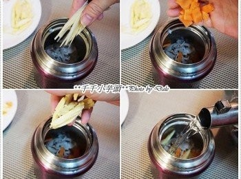 step4: 這時裡頭的肉己經燙的差不多了，接著放入薑絲，紅蘿蔔，玉米荀