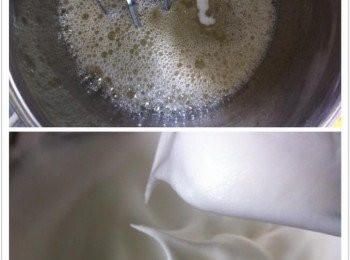 step2: 蛋白加入乾淨的大盆中，利用電動打蛋器打至打泡，然後分三次加入幼糖，打至硬性發泡。