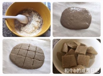 step1: 【香蕉蛋白軟餅】
1.將香蕉壓成蓉/ 或用攪拌器將香蕉打成蓉。(香蕉遇到空氣會氧化變黑)
2.倒入蛋白拌勻。
3.將麵粉分2次過篩倒入香蕉蛋白漿裡，拌勻。
4.焗爐爐溫150°C，焗10-12分鐘，趁熱用刀子切開一格格，放涼即食。