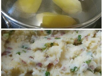 step2: 馬鈴薯去皮用水煮約30分鐘後隔水，趁熱加入牛油用义壓成泥。然後加入步驟(1)、牛奶、Mozzarella Cheese、鹽、黑胡椒碎和葱粒拌勻。