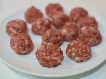 step1: 將豬絞肉攪拌到有黏性，加入鹽、胡椒各1/2茶匙，繼續攪拌直到均勻。加入雞蛋拌勻後再加入米均勻攪拌。
將絞肉揉成3cm直徑肉丸。