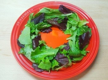 step2: 先將沙律菜用沙律醋拌勻，排放成環狀。