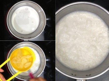 step1: 小鍋加入椰汁+牛奶+冰糖，中火邊拌邊煮至糖溶