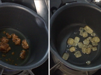 step3: (左圖椰糖年糕）將椰糖加水煮溶待涼。 (右圖椰汁鋰魚年糕）將冰糖加水煮溶待涼。
