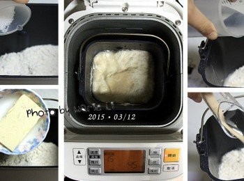 step2: (Panasonic SD-BMS105T Mode15 披薩麵糰模式)

麵包機裝上打麵糰葉片
將所有<span class="group_1">食材</span>全都放進麵包機容器中
設定麵包機為 Mode15 《披薩麵糰模式》
讓它跑一次 45分鐘 的行程

打好的麵糰取出來揉圓靜置20分鐘醒麵。

※ 攪拌中會有噴溢情況，請記得加蓋預防。