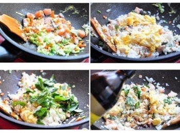 step3: 接著將所有<span class="group_1">食材</span>(蔥花、九層塔除外)下鍋拌炒，依序放入白飯均勻炒開再加入雞蛋、9層塔翻炒，再加入醬料調味