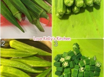 step1: 將秋葵去錠及切乾淨周邊，洗乾淨放入滾水烚50秒左右，盛起備用；