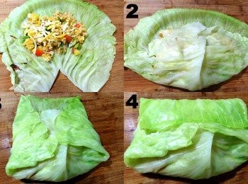 step12: 【包高麗菜捲】：(1)用湯匙挖取步驟10的蛋炒飯，放入高麗菜葉中央，灑上乳酪絲。(2)將下方往上折（葉片要重疊，不可有空隙）。(3)將左右兩邊往中間折。(4)將上方往下折。