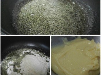 step2: 無鹽牛油放在平底鑊內加熱溶化後關火。加入已過篩的低筋粉攪拌至無粉粒。移至大碗待降溫至微暖。