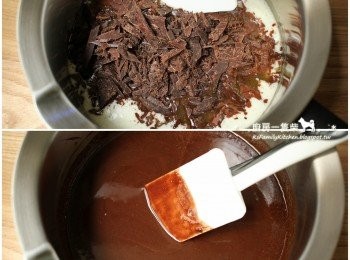 step2: 無鹽奶油放入小鍋中，以中小火煮融後，離火，趁熱倒入巧克力混合，拌至均勻滑順。