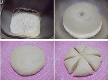 step3: 3.我使用麵包機揉麵功能ˊ將所有材料ˊ (奶油除外)放入麵包機...約10分鐘後ˊ 麵團已經有筋性時ˊ再加入奶油ˊ以揉麵團程式完成麵團製作ˊ (如果沒有麵包機手揉也OK) 然後直接於麵包機內完成第1次發酵ˊ全程共1個半小時 4.完成的麵團取出(手指沾少許高粉插進麵團ˊ不回彈表示發酵完成) 5.輕拍壓出多餘空氣 6.接著將麵團分割成6等份