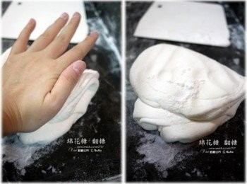 step5: 等到綿花糖不太沾黏時，就可以改用手像折綿被方式，對折再對折去翻柔。揉到如耳垂般柔軟時，即為白色<span class="group_1">翻糖</span>