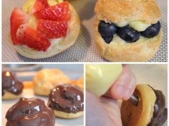 step7: 待泡芙放涼後, 剖開, 擠上適量的卡士達醬, 擺上水果片 或在表面沾融化巧克力, 再擠入卡士達醬