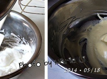 step5: 將先前打好的《蛋黃糊》倒進來攪拌均勻