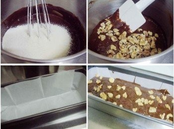 step4: 加入低粉ˊ泡打粉拌勻ˊ再加入核桃拌勻ˊ容器鋪上烘焙紙ˊ (也可抹上少許奶油ˊ均勻灑上少許麵粉以防沾粘) 然後將完成的巧克力麵糊倒入ˊ表面略為抹平