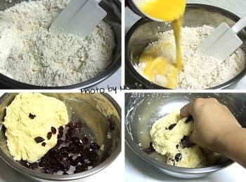 step3: 拌好的<span class="group_1">食材</span>成為鬆散的粉狀
倒入《優酪乳與雞蛋》的混合物，快速拌勻
動作要迅速點，盡量在短時間內把材料拌成糰
切記不可搓揉以免產生筋性而影響口感
最後再加進一些蔓越莓乾拌勻即可

※ 蔓越莓乾要切成小丁塊，我忘了切~ (昏)