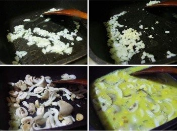 step5: 鍋內放入少許橄欖油或奶油ˊ先拌炒洋蔥末ˊ 洋蔥末炒透炒出甜味後再加入蒜末ˊ菇類ˊ拌炒均勻ˊ 然後再添入事先調勻的南瓜濃湯