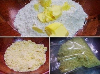 step2: 無鹽奶油稍為切小塊和鬆餅粉用手搓揉成細碎麵餅屑ˊ 如果沒有馬上使用或沒用完ˊ可用袋子或容器盛裝放冷凍保存ˊ 這樣隨時要用都非常方便ˊ也可以讓奶酥完成時更酥脆可口喔。