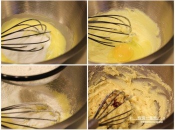 step3: 依序加入細砂糖、雞蛋、過篩的低筋麵粉、香草精，拌勻。