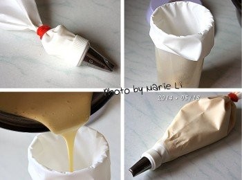 step7: 把調好的麵糊倒進事先預備好的擠花袋裡

※ 預備擠花袋：先將擠花袋前端封起來
    把它放進高一點杯子裡，開口拉開
    事先先準備好，做好的麵糊就能很快裝進袋內
    使用時將前端封口打開即可。