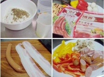 step1: 先準備好所需材料ˊ愛丁堡培根ˊQ肉丁德國香腸ˊ紅椒ˊ黃椒ˊ蘑菇ˊ 各切成適當大小(備用)