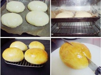 step4: 第二次發酵後ˊ在麵團上輕刷上蛋液ˊ 送入已經預熱好的烤箱ˊ180度c烤18~20分鐘ˊ 完成ˊ取出放涼ˊ餐包中間處切開至2/3處