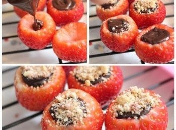 step4: 將融化的巧克力擠入草莓中心, 再灑上堅果粉, 放置室溫待巧克力凝固即完成