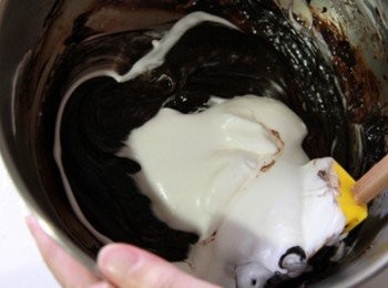 step5: 分三次將蛋白霜拌入步驟一的巧克力中拌勻，倒入烤模中