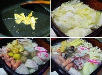step3: 鍋內放入少許油ˊ先煸香乾扁魚ˊ接著加入高湯和高麗菜一起煮滾ˊ 然後添入所準備的火鍋料ˊ最後加入易熟海鮮配料