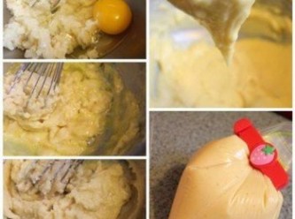 step3: 將燙熟的麵糰移到攪拌缸, 加入雞蛋, 一次一顆, 攪拌至雞蛋完全被麵糊吸收. 最後一顆蛋請分次酌量加入, 攪拌到舉起攪拌器後, 麵糊緩緩滴下呈現倒三角狀即可