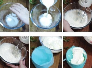 step12: 攪拌盆裡加入細砂糖ˊ倒入鮮奶油 運用攪拌工具，將鮮奶油打發至紋路明顯也不流動狀態 然後裝擠花袋做後續運用