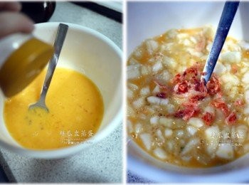 step3: 二顆全蛋打散後，加入適量的鹽做調味 2.絲瓜丁及櫻花蝦切碎後，倒入蛋液裡拌勻 (絲瓜會出水，所以蛋液裡不用再加水)