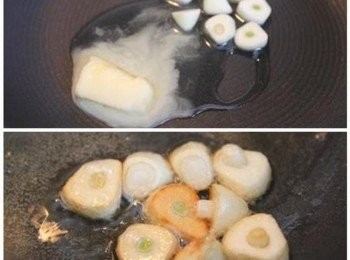 step1: 蒜頭切片, 用沙拉油/奶油爆香至表面金黃後, 撈起備用