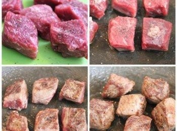 step2: 牛排切成四方體骰子形狀, 表面灑上適量的鹽巴/黑胡椒