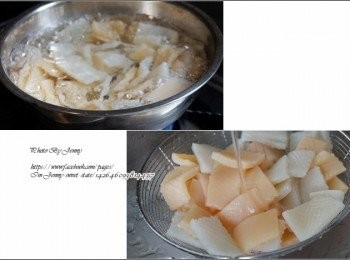 step2: 用沸水煮約10分鐘，使用冷水再次沖洗去除強鹼味。(瀝乾水份)