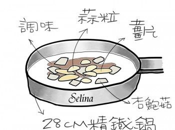 step3: 同鍋放入杏鮑菇，再放入調味料及1/2杯的水，翻炒至湯汁略微收乾。