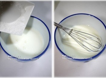 step1: 1 把糖倒入鮮奶裡，攪拌至溶化