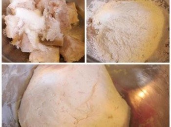 step1: 芋頭切塊, 用水煮熟後, 取300g芋頭撈起, 趁熱加入砂糖, 壓成泥