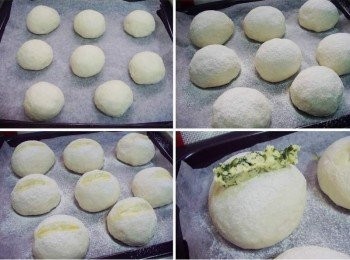step6: 接著一一再滾整成圓球狀ˊ麵團表面噴點水ˊ放溫暖處進行最後發酵ˊ (發酵時間不一定ˊ可肉眼觀察ˊ當麵團約變為原來1倍大即可ˊ) 表面灑上少許高筋麵粉(配方份量外) 並用利的刀子沾點橄欖油ˊ於麵包表面劃線ˊ 然後將步驟4香草奶油醬適量擺放上切口 (也可於麵包完成後直接塗抹享用ˊ風味都很棒) 然後送人已經事先以220度c預熱好烤箱ˊ以220度c烘烤16~18分鐘