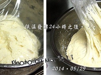 step3: 很簡單，這就是《低溫中種》的麵糰
在經過 24 小時的低溫發酵之後帶有相當的黏性
現在可以來使用《低溫中種法》熟成的麵糰了