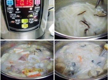 step3: 步驟3用煮粥功能完成燉煮。(我用快鍋共15分鐘) (煮粥時米和水比例為1:6ˊ也就是米1杯需加入水6杯) 燉煮完成後ˊ再將剩餘<span class="group_1">材料</span>一起加入(香菜除外)ˊ 然後也將<span class="group_2">調味</span>完成ˊ以加熱功能略滾熟透即可。