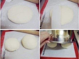 step2: 取出完成第一次發酵的麵團ˊ輕拍壓出多餘空氣 ˊ 接著將麵團分割成2等份 ˊ 滾圓ˊ 用保鮮模或適合容器覆蓋再鬆弛15~20分鐘。