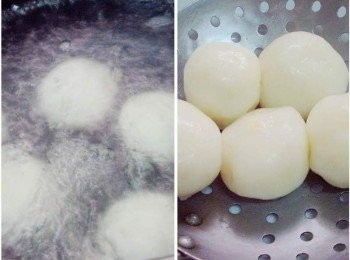 step5: 湯鍋加水煮沸ˊ擺入完成步驟4ˊ 煮至麻糬浮起於水面再撈起